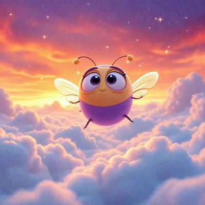 The primary subject of the image is a cute, cartoon-like bee flying through a cloudy sky. The bee is the main focus of the image, and it appears to be enjoying its flight. The setting is a cloudy sky, which serves as the backdrop for the bee's adventure. The visual style of the image is a combination of photo and digital art, creating a whimsical and playful atmosphere. The colors in the image are predominantly shades of blue and white, which